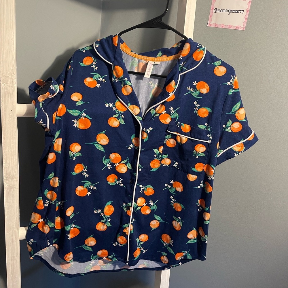 Navy Blue Pajama Top and bottoms with Orange Print